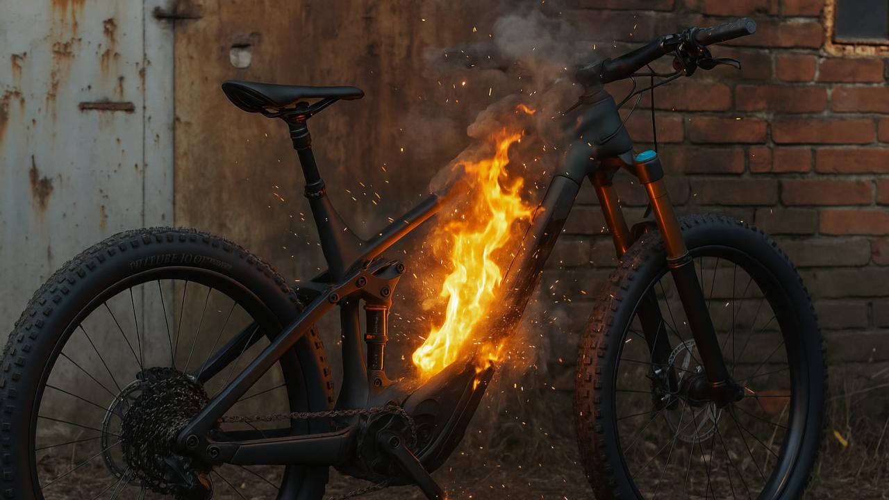 Electric eBike with lithium-ion battery on fire, illustrating eBike battery fire risk and safety concerns.